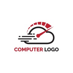 Cloud computer digital logo design with speed gauge illustration