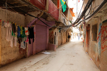 A poor neighborhood inside a Palestinian refugee camp in Lebanon