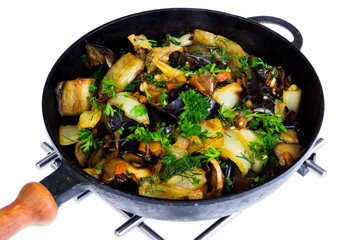 Vegetable stew pan saute isolated on white background