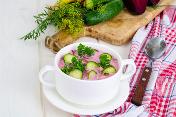 Cold beet soup with cucumbers. Studio Photo