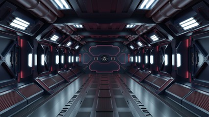 Science background fiction interior rendering sci-fi spaceship corridors red light.