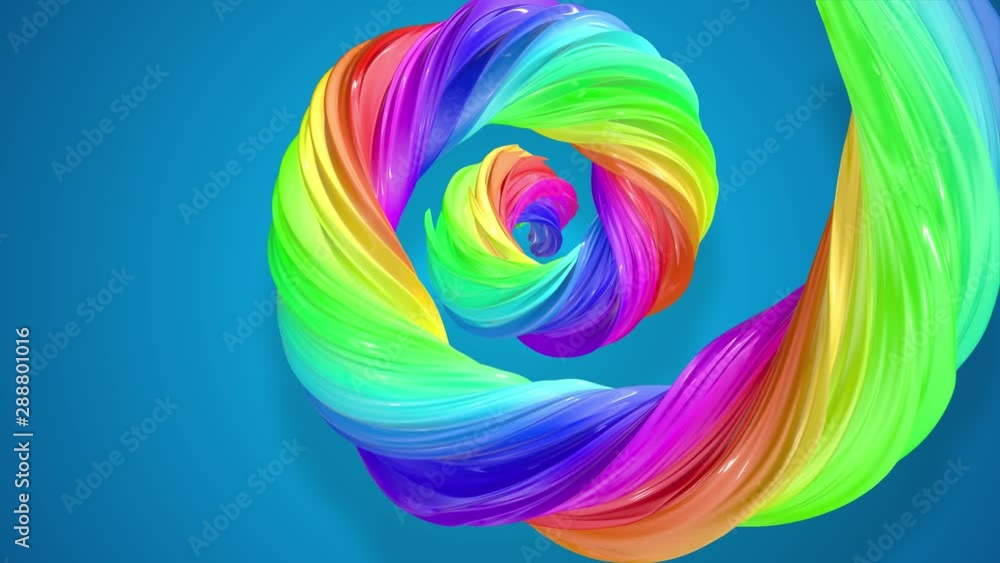 Poster abstract background with rainbow color stripes that moving in a spiral and shiny on blue background 