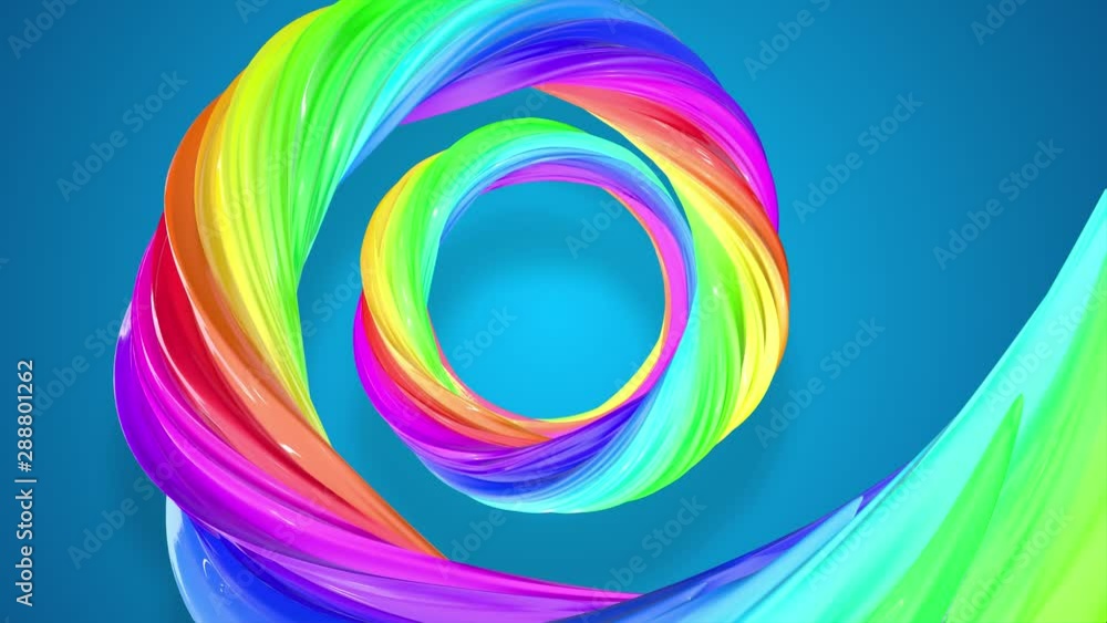 Poster abstract background with rainbow color stripes that moving in a spiral and shiny on blue background 