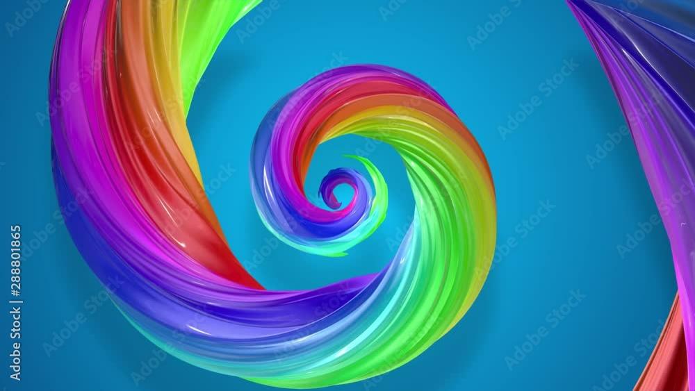 Poster abstract background with rainbow color stripes that moving in a spiral and shiny on blue background 