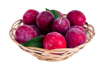 Ripe sweet plums in wicker bowl. Photo