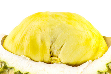 Durian is the king of fruits famous fruits in thailand, Durian fruit flesh isolated on white background. durian is distinctive for its large size, strong odour, and thorn-covered rind.