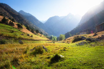 Fototapeta na wymiar Fann mountains in Tajikistan. Sunny mountain landscape. Scenic mountains in sunlight