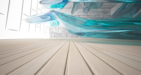 Empty dark abstract concrete, glass and wood smooth interior. Architectural background. 3D illustration and rendering