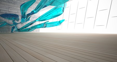 Empty dark abstract concrete, glass and wood smooth interior. Architectural background. 3D illustration and rendering