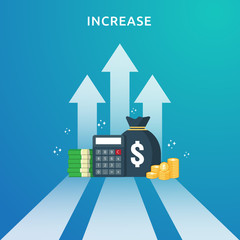 income salary rate increase. Finance performance of return on investment ROI concept with arrow. business profit growth margin revenue. cost sale icon. dollar symbol flat style vector illustration