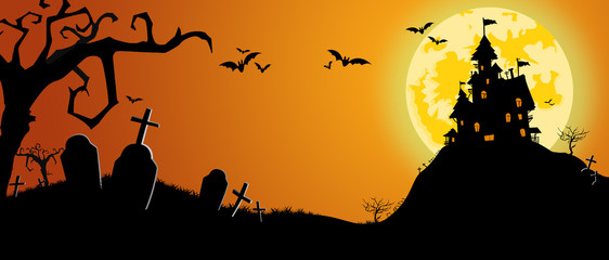 Halloween and the castle on a full moon night and bats flying in the sky, with graves and crosses around, castles of strange shapes