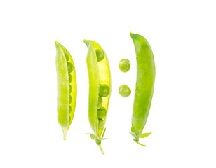 Green pea pods on white background isolated