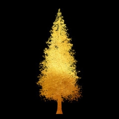 Golden shinning material texture pattern tree isolated on black background. Creative abstract.