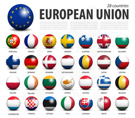 European union EU 3D circle balls line up and member flags design . White isolated background and europe map . Vector . © stockdevil