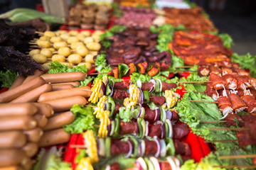 Local street food stall at morning Sunday market in Bac Ha Lao Cai Vietnam