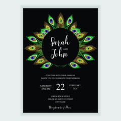 Wedding invitation card template with peacock feather