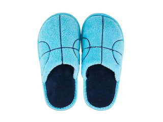 Front view of blue Slippers isolated on white background. The view from the top.