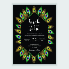Wedding invitation card template with peacock feather