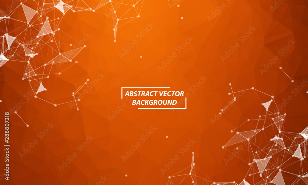 Poster abstract orange polygonal space dark background with connecting dots and lines , futuristic design.