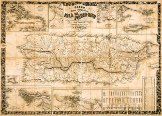 Fototapeta na wymiar Antique topographical map of Puerto Rico 1863 while under Spanish rule