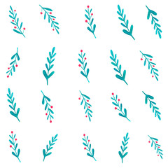 Mistletoe twigs  seamless pattern. Christmas season decorative botanical elements on white background. Watercolor evergreen ilex, wrapping paper design