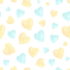 Blue and yellow hearts  seamless pattern. Watercolor romance symbols on white background. Pastel small hearts. St Valentines day wrapping paper, romantic aquarelle textile design
