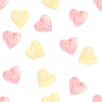 Watercolor hearts  seamless pattern. Yellow and pink romance symbols on white background. Pastel multicolor hearts. St Valentines day wrapping paper design. Romantic textile print