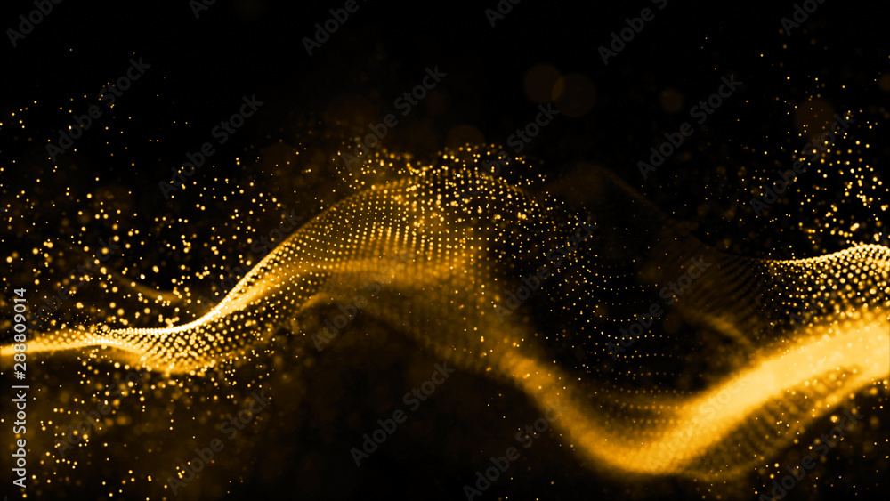 Poster gold color digital particles wave flow abstract technology background concept