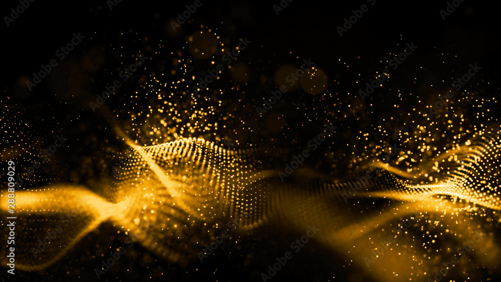 Poster gold color digital particles wave flow abstract technology background concept