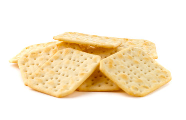 Crackers on a white background. Salty crackers close up on a white background.