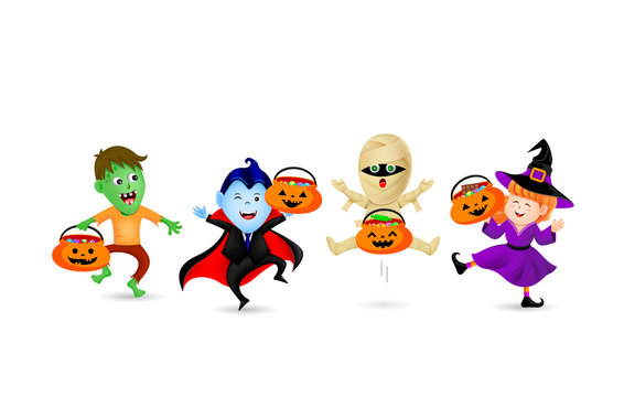 Cute Halloween cartoon character design. Count dracula, witch, mummy and zombie. Illustration isolated on white background. Design for poster, banner and greeting card.