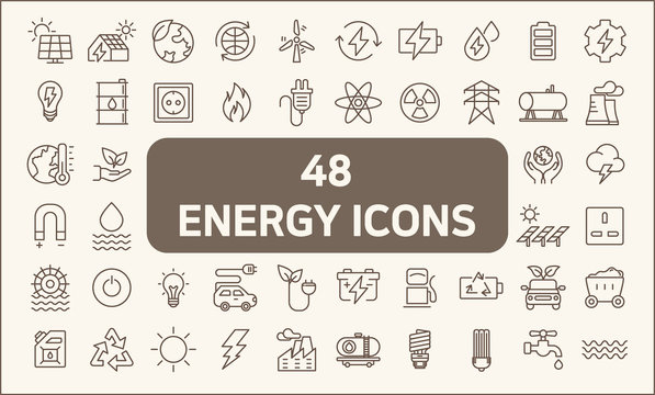 Set of 48 energy and ecology line style.  Contains such Icons as solar panels, oil, solar power, green energy, power socket, bulb, wind power generation, wind turbine and more.