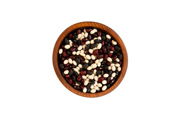Colorful beans  in a wooden cedar plate on a white isolated background. Row of bowls with beans , top view. Colorful beans pattern