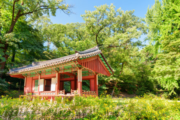 Colorful pavilion in Huwon Secret Garden of Changdeokgung Palace