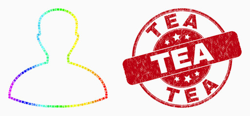 Dotted spectrum person mosaic pictogram and Tea seal. Red vector round scratched seal with Tea title. Vector collage in flat style. Spectrum gradiented person illustration of randomized spheres,