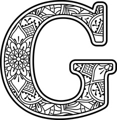initial g in black and white with doodle ornaments and design elements from mandala art style for coloring. Isolated on white background