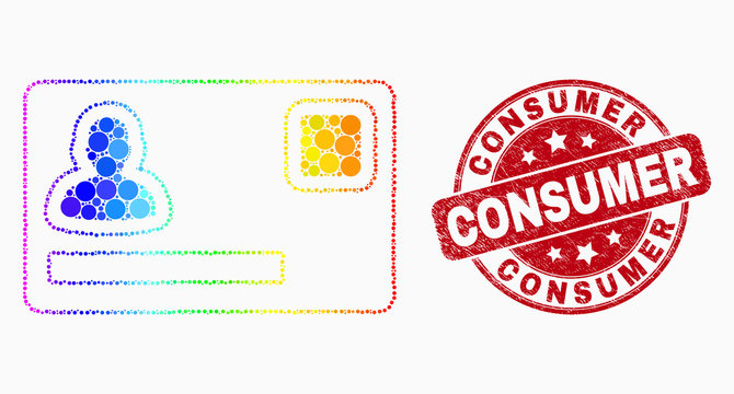 Dot bright spectral personal credit card mosaic pictogram and Consumer watermark. Red vector rounded textured seal stamp with Consumer text. Vector combination in flat style.
