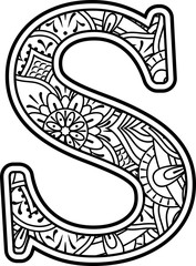 initial s in black and white with doodle ornaments and design elements from mandala art style for coloring. Isolated on white background