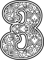 number 3 in black and white with doodle ornaments and design elements from mandala art style for coloring. Isolated on white background