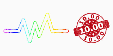 Pixelated rainbow gradiented pulse signal mosaic pictogram and 10.00 seal. Red vector round grunge seal stamp with 10.00 title. Vector combination in flat style.