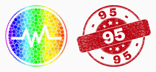Pixelated bright spectral pulse signal mosaic icon and 95 stamp. Red vector round grunge seal with 95 text. Vector composition in flat style.