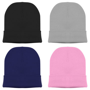 Set of beanie. Blank beanie in four different color black grey pink blue navy isolated in white background for mockup template