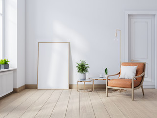 Modern mid century  interior of living room ,leather armchair  wood cabinet on white wall and wood floor ,fame mockup ,3d render