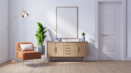 Modern mid century  interior of living room ,leather armchair  wood cabinet on white wall and wood floor ,fame mockup ,wall mock up  ,3d render
