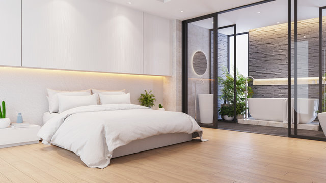 Modern luxury master bedroom interior ideai,with master bathroom,3drender