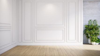 Empty room modern classic interior,no people ,white wall and wood floor,3d render