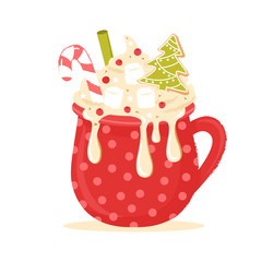 Festive chocolate cocktail decorated with ginger cookies, marshmallows, berries and sweets. For holiday cards, tags and greeting cards