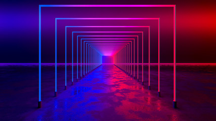 Rectangle  neon light  with blackground,and concrete floor,ultraviolet  concept,3d render