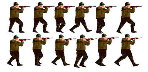 Soldier walk animation cycle sprites, retro video game pixel art style. Or Animation GIF.