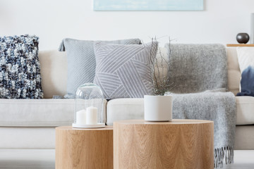 Candle and plant in grey concrete pot on wooden coffee tables in front of scandinavian designed sofa